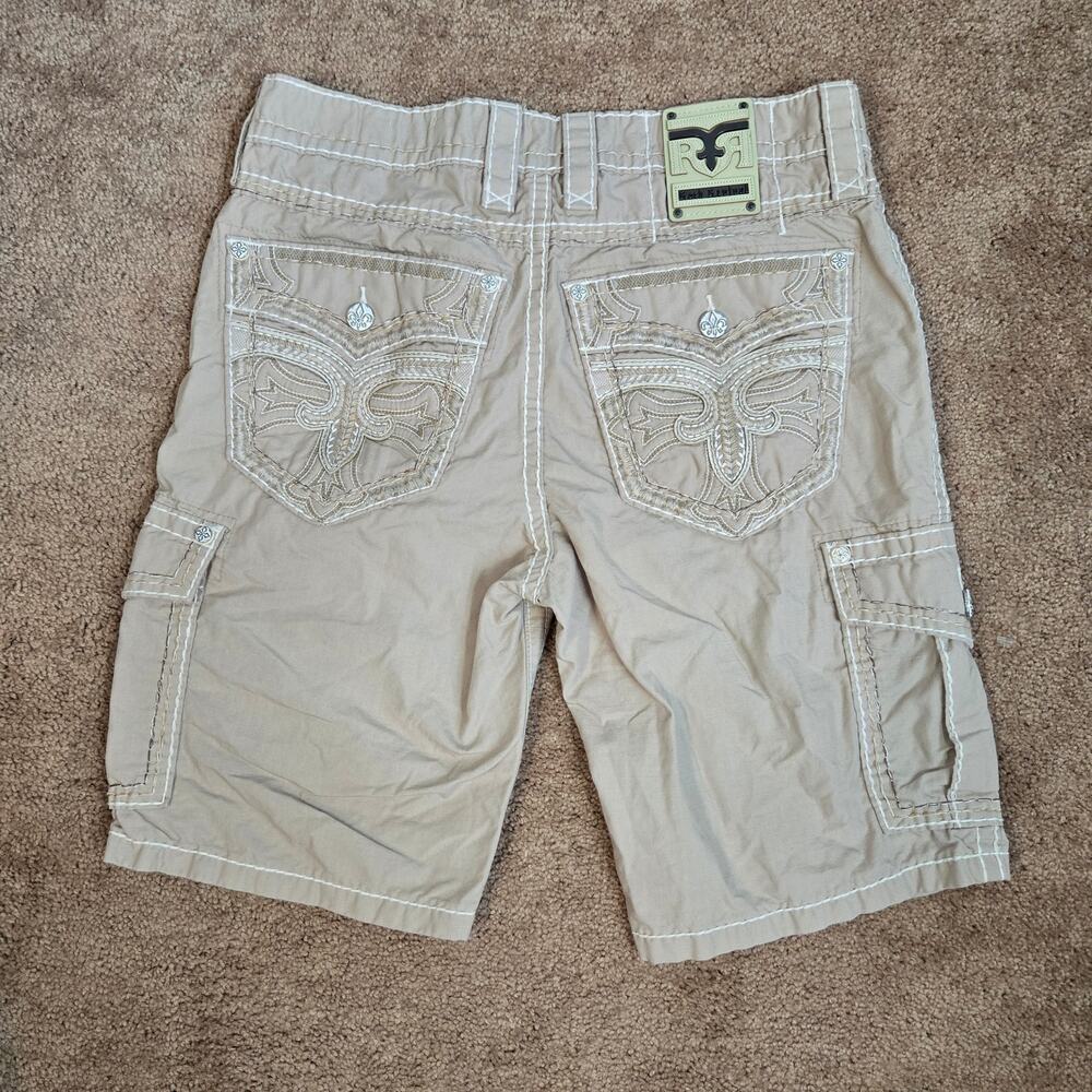 Rock Revival Stone Khaki Cargo Shorts White Heavy Stitch Fleur De Lis Size 33/23